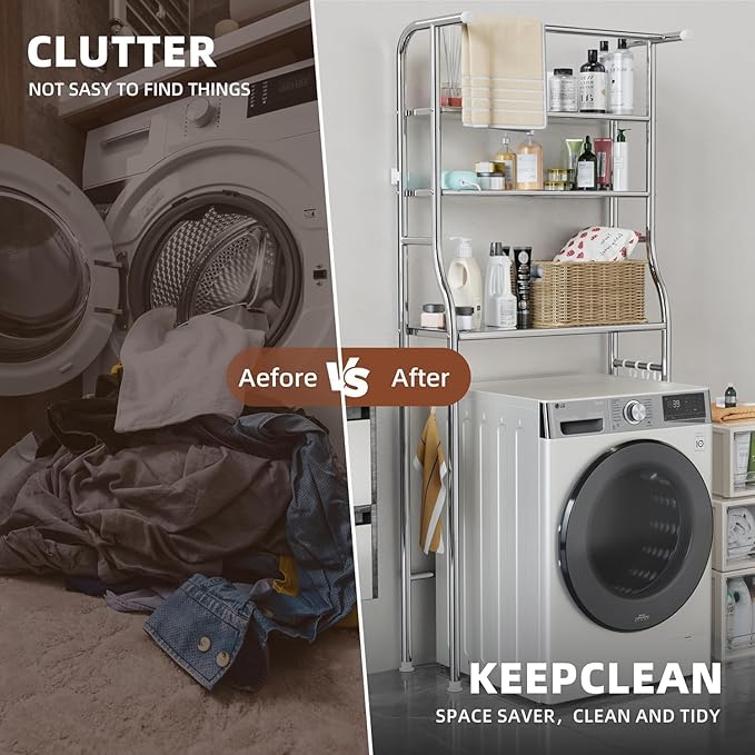 Over The Washer and Dryer Storage Shelf, 3 Tier Laundry Room Metal Drying Rack with Towels Hangers, Space Saver Organizer for Hanging Clothes and Towels (Stainless Steel RA1)