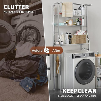 Over The Washer and Dryer Storage Shelf, 3 Tier Laundry Room Metal Drying Rack with Towels Hangers, Space Saver Organizer for Hanging Clothes and Towels (Stainless Steel RA1)