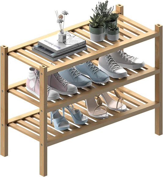 (Thick Bamboo Shoe Rack for Entryway, 3-Tier Free Standing Shoe Racks Stackable Shoe Rack Organizer for Hallway Closet Living Room 27 x12 x21 Inches