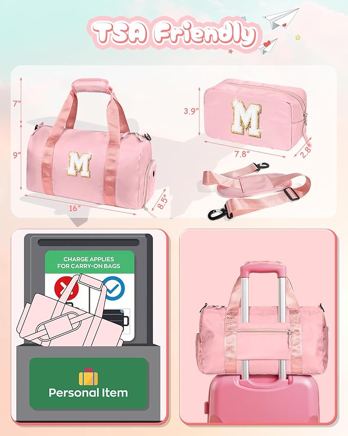 Dorm Room Essentials for Girls-Girl Gym Bag with Shoe Compartment, Kid Personalized Weekender Overnight Bags, Initial Travel Tote with Makeup Pouch, Preppy Stuff Gifts for Kids (Letter F)