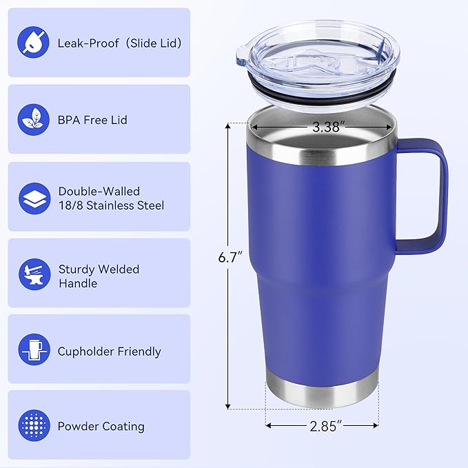 HASLE OUTFITTERS 20oz Tumbler with Handle & Lid, Insulated Stainless Steel Travel Mug, Leakproof Cup for Coffee, BPA-Free Double-Wall Vacuum Tumblers for Hot/Cold Drinks, Commuter, Gym, Office, Blue