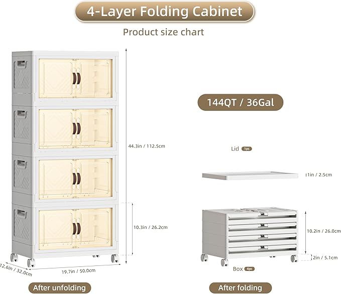 144 QT / 36 Gal Magnetic Double Door Cabinet with Wheels - Foldable Stackable Design, Leather Handles, Water Resistant Organizer for Bathroom, Kitchen