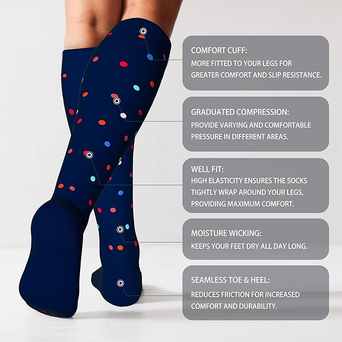 LEVSOX Thick Cotton Compression Socks for Women&Men 20-30mmHg Knee High Cute Support Sock for Nurses, Pregnancy, Travel
