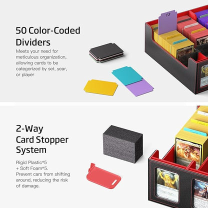 Trading Card Storage Box 5-Row 3900+ Capacity,TCG MTG Card Case with Magnetic Lid & Commander Display,Top Loader Storage for Sports Cards,Includes Dividers Dice Box（Black＆Red）