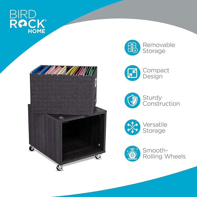 BIRDROCK HOME Rolling File Cabinet – Decorative Storage Shelf w/Removable Bins, Handles, and Wheels – Organize Files, Books, Toys, Under Desk Office Solution, Modern Design - 2 Lateral Drawers, Gray