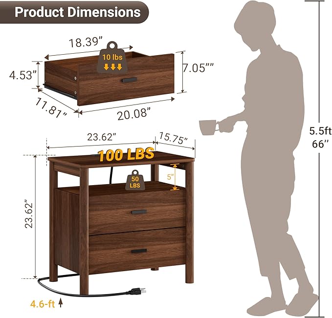 Night Stand Set of 2 with Charging Station, 24" Large Modern Side Table with Solid Round Post Legs, 2 Drawers End Table with Open Shelf, Nightstand for Bedroom, Walnut