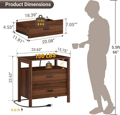 Night Stand Set of 2 with Charging Station, 24" Large Modern Side Table with Solid Round Post Legs, 2 Drawers End Table with Open Shelf, Nightstand for Bedroom, Walnut