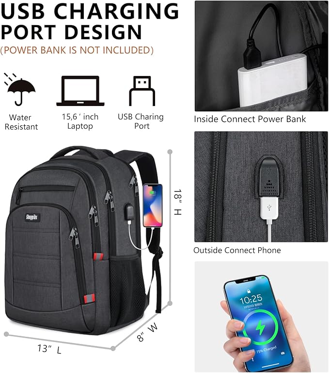 Backpack for Men,School Backpack for boys teens with USB Charging Port,Water Resistant Backpacks for School, Business Work College bookbag,book bag Fits 15.6 Inch,Black Back Pack
