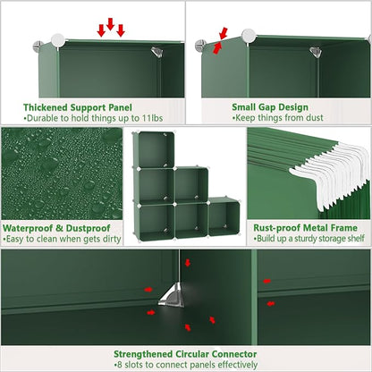 C&AHOME 6-Cube Storage Organizer, Stackable Storage Cubes Shelves, Portable Bookshelf, Plastic Clothing Storage Closet Organizer, DIY Modular Shelving Units for Wardrobe, Home, Green