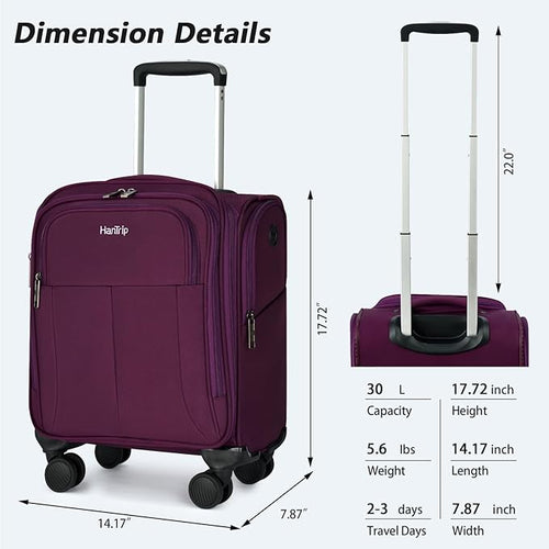16 Inch Underseat Carry On Luggage with Wheels Softside Small Suitcases Personal Item Bag with Pocket Travel Luggage for Men Women Business Overnight Bag(Purple)