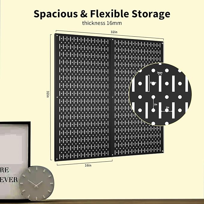 Pegboard Wall Organizer 2 PCS 32" x 16" Black Peg Board Metal Pegboard Panels for Garage Tool Storage