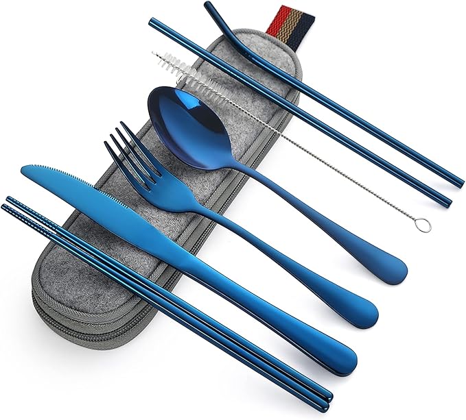 DEVICO Portable Utensils, Travel Camping Cutlery Set, 8-Piece including Knife Fork Spoon Chopsticks Cleaning Brush Straws Portable Case, Stainless Steel Flatware set (Blue)