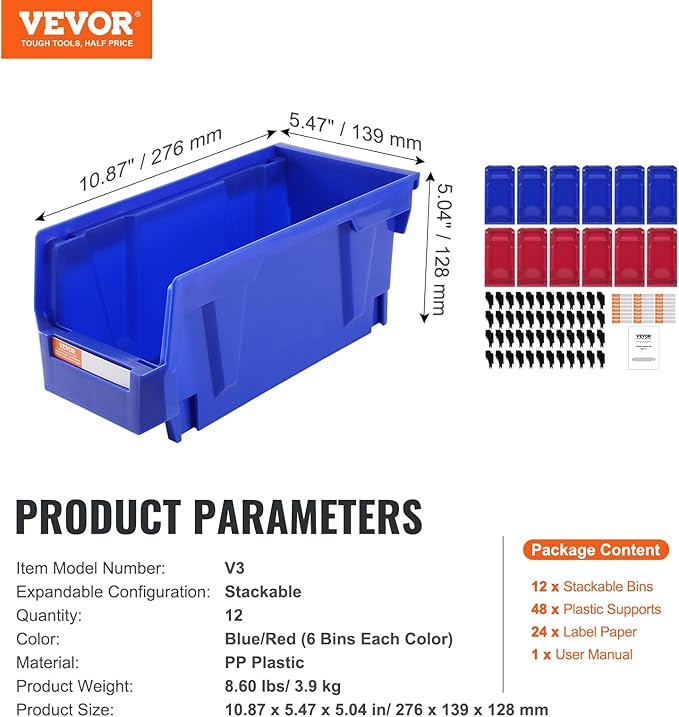 VEVOR Plastic Stackable Storage Bins 12 Pack (11 x 5 x 5-Inch), Hanging Storage Organizer Bins, Heavy Duty Stacking Containers for Closet, Garage, Office, Home, Pantry or Small Parts Organization