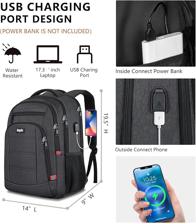 Backpack for Men Women, School Backpack, Large Quilted College Bookbag for Men, Water Resistant Travel Work Backpacks, Business Computer Back Pack with USB Charging Port, Fits 17" Laptop Black