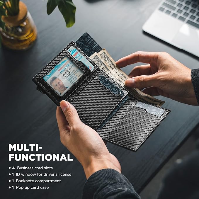 VULKIT Pop up Card Wallet Minimalist Cash Wallets RFID Blocking Leather Smart Credit Card Holder with ID window for Men(Carbon Black)