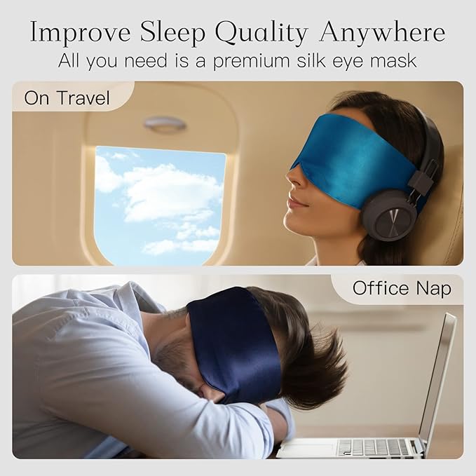 100% Natural Silk Eye Mask for Women Men, Soft Pressureless Cooling Blackout Eye Covers for Sleeping, Large Size Sleep Mask fits All Heads Adjustable, 1PC, Vivid Blue