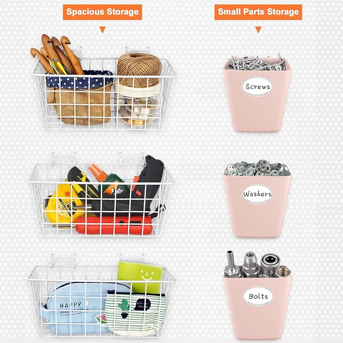 Pegboard Basket Organizers, Peg Board Large Baskets Hooks Bins Cups Tool Organizer 6 Pack Set, Wall Storage Display Hanging Accessories for Craft Office Stadio Shed Garage Organization (White & Pink)