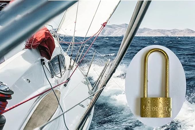 Weather Proof Lock, Keyed Alike Solid Brass Padlocks with Long Brass Shackle, Light Duty, 1-1/2" Wide Body, Marine Padlock, Anti Rust Lock, 6 Pack