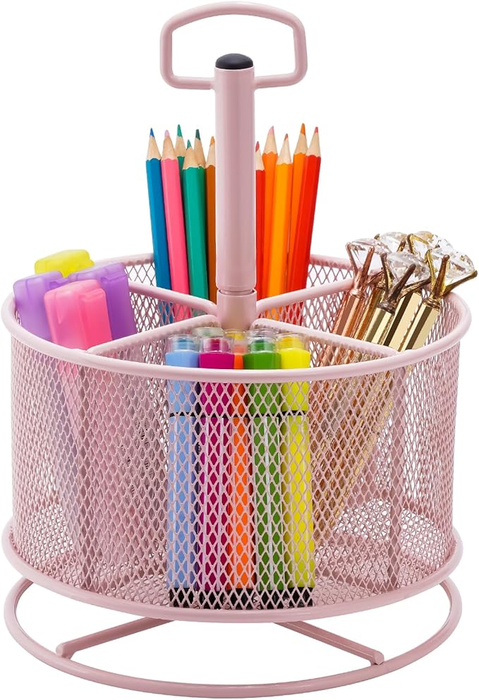 Marbrasse Mesh Desk Organizer, 360-Degree Rotating Multi-Functional Pen Holder, 4 Compartments Desktop Stationary Organizer, Home Office Art Supply Storage Box Caddy (Pink)