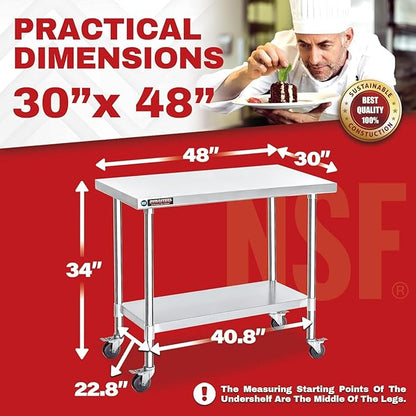 DuraSteel 30x48 NSF Stainless Steel Cart Work Table - Heavy Duty Rolling Food Prep Table Countertop Island - Metal Utility Cart on Wheels Caster, Grill Stand Storage Outdoor Kitchen Tables Bar Top