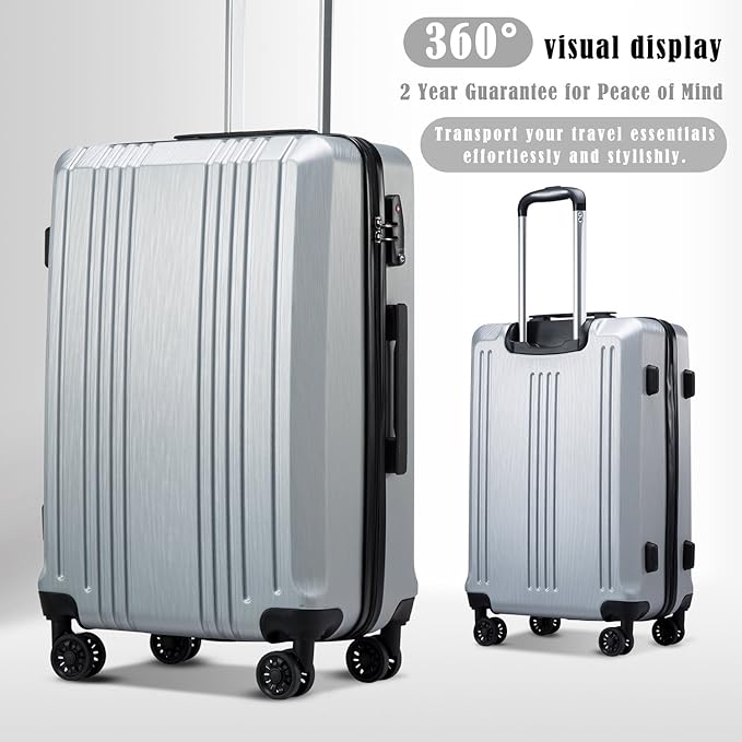 Coolife Luggage Suitcase PC+ABS with TSA Lock Spinner Carry on Hardshell Lightweight 20in 24in 28in (sliver, L(28IN))