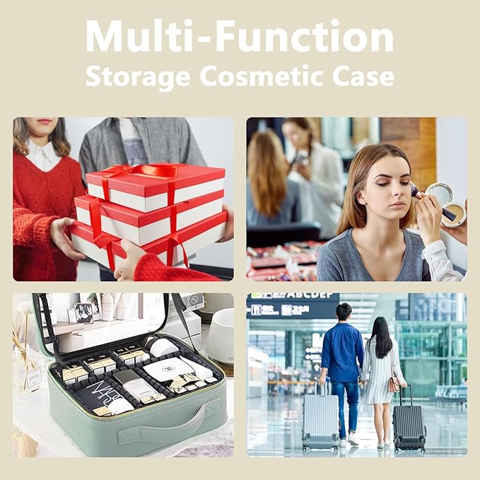 Travel Makeup Bag with LED Lighted Mirror, Travel Makeup Organizer,3 Color Setting Cosmetic Makeup Box, Adjustable Dividers and Brush Holder（white）