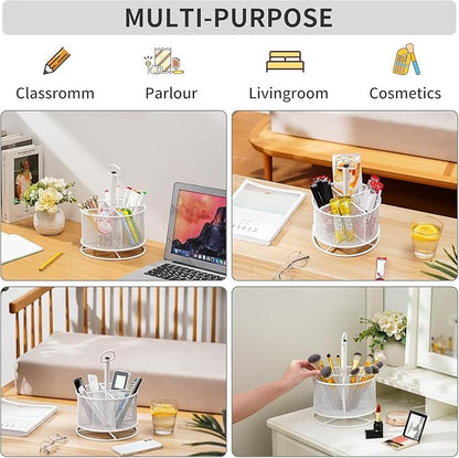 Marbrasse Mesh Desk Organizer, 360-Degree Rotating Multi-Functional Pen Holder, 4 Compartments Desktop Stationary Organizer, Home Office Art Supply Storage Box Caddy (White)