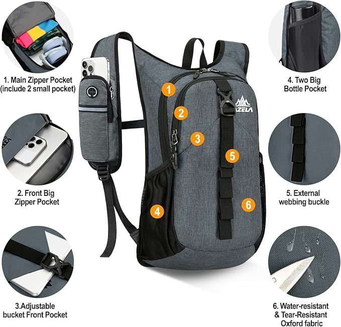 Seektop 15L Small Hiking Backpack for Women Men, Foldable Packable Backpack with Phone Pocket, Lightweight Travel Daypack for Hiking Camping Outdoor (Gray)