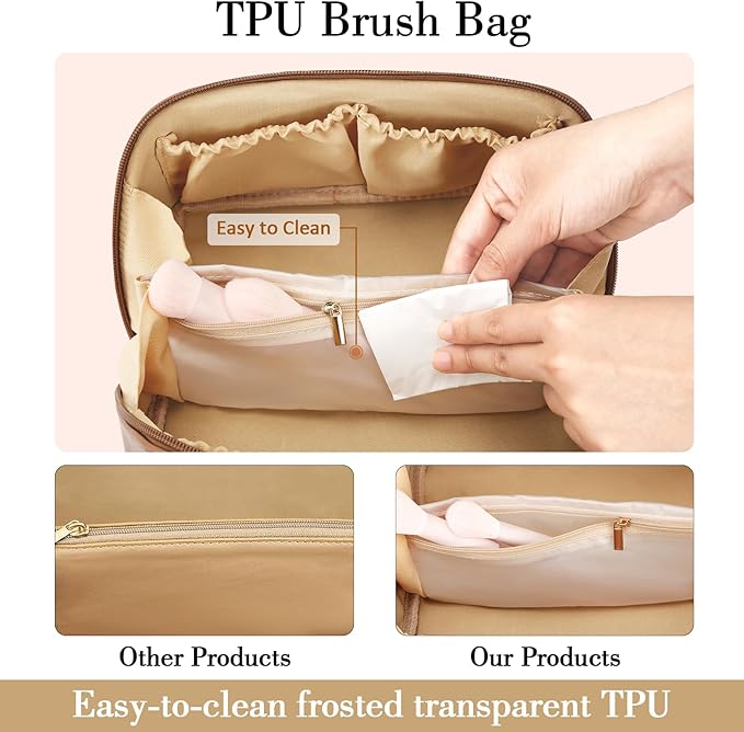 Birthday Gifts for Women Teen Girl, Personalized Initial Makeup Organizer Bag Set, Open Flat Travel Cosmetic Bag With Clear Divider and Handle(Beige,V)