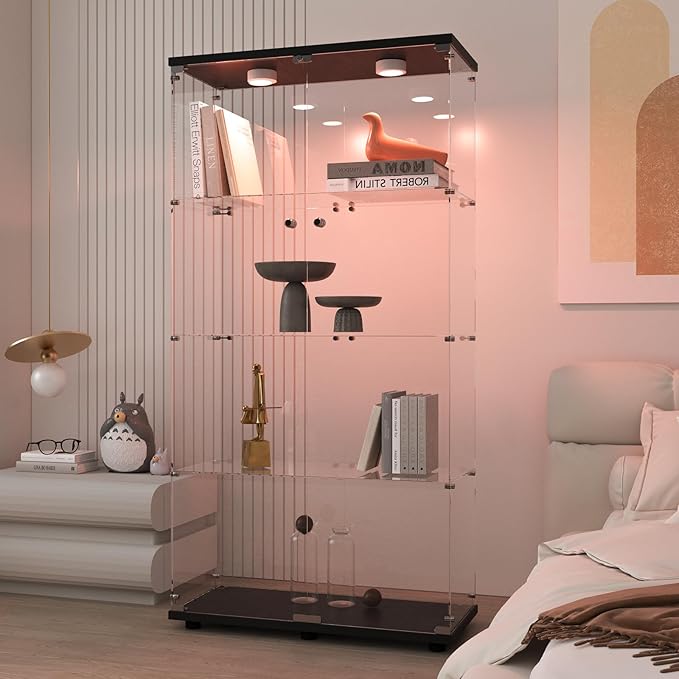 Beauty4U Glass Display Cabinet with Light, 4 Shelves with 2 Doors, Curio Cabinets for Living Room, Bedroom, Office, Black Floor Standing Glass Bookshelf, Quick Installation