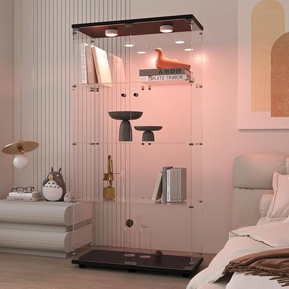 Beauty4U Glass Display Cabinet with Light, 4 Shelves with 2 Doors, Curio Cabinets for Living Room, Bedroom, Office, Black Floor Standing Glass Bookshelf, Quick Installation