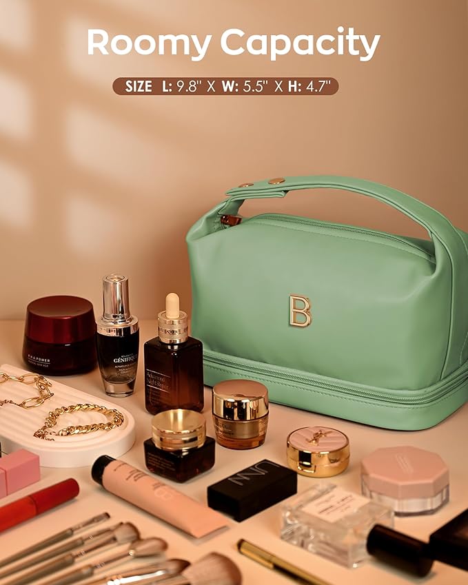 Gifts for 9 10 11 12 13 14 15 16 17 18 19 Year Old Girls, Travel Makeup Bag with Handle, Initial Double Layer Cosmetic Bag with Makeup Brush Organizer, Gifts for Friends Female Mom