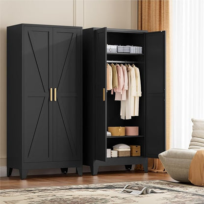 71" Tall Metal Wardrobe Closet with Adjustable Shelves and Hanging Rod, 2 Doors Free Standing Armoire Wardrobe Cabinet for Bedroom, Office, Laundry Room, Black