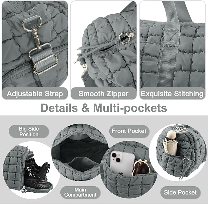 Quilted Travel Duffle Bag Gym Bag for Women,Large Puffer Duffle Weekender Bag with Compartment,Workout Overnight Carry on Organizer Bag Duffle Bag for Airplane Travel(L-Grey)