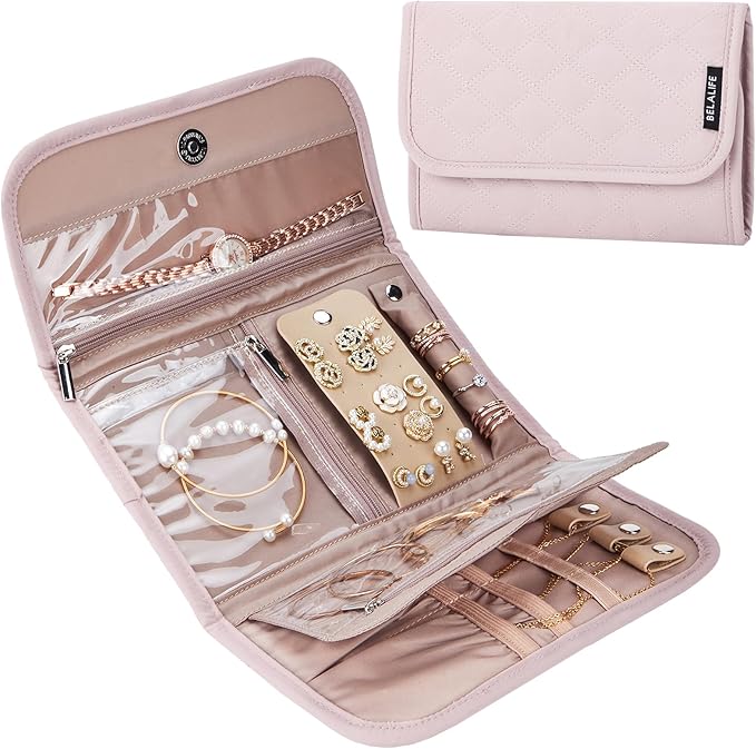 BELALIFE Travel Jewelry Case Organizer, Foldable Storage Roll for Earrings, Necklaces, Rings, Bracelets, Brooches, Pink