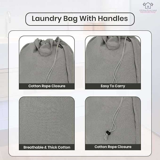 LFH Home Cotton Canvas Large Laundry Bag with Handle, Heavy Duty Drawstring Closure Washable Laundry Bags, School Travel, Home, Hotel, College Dorm, Organizer Sack, Toys Clothes 24x36 (Pack of 6)-Grey