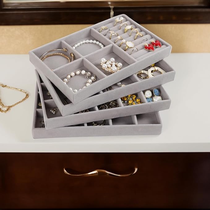 Set of 4 Stackable Jewelry Trays Organizer, Velvet Earring Organizer, Jewelry Organizer Showcase Display Drawer Organizer Storage, Earring Holder Necklace Bracelet Ring Accessary Organizers (Gray)
