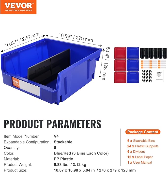 VEVOR Plastic Stackable Storage Bins 6 Pack (11 x 11 x 5-Inch), Hanging Storage Organizer Bins, Heavy Duty Stacking Containers for Closet, Garage, Office, Home, Pantry or Small Parts Organization