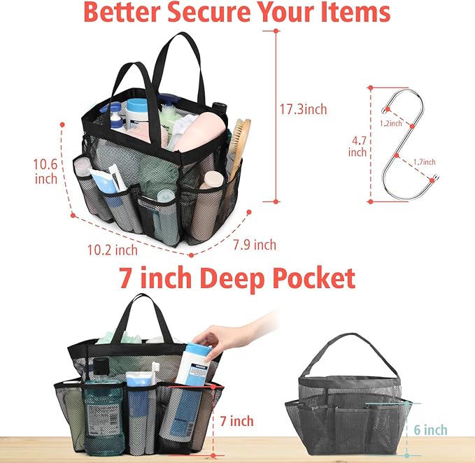 F-color Mesh Shower Caddy Portable - 2 Handles Upgrade Deeper 7 Pockets Basket Bag Tote for College Dorm Room Toiletry Bathroom Essentials Gym Camp Quick Dry with S Hook, 2 Pack, Black & Leopard