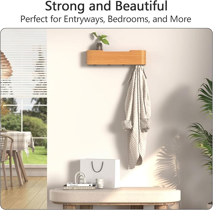 Coat Rack Wall Mount with Hidden Hooks Modern Key Holder Wood Entryway Hook with Shelf for Bedroom Kitchen Hallway Bathroom Designed for Hanging Coats Hats Bags Towels Dog Leashe(Oak,4 Hooks)