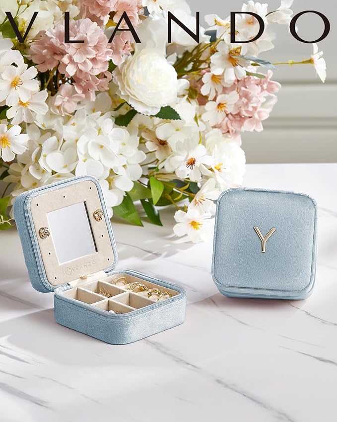 Vlando Jewelry Case for Girls Womens Fashion, Pink Jewelry Box Travel Must Haves, Jewelry Box for Girls, Small Travel Jewelry Case Birthday Gifts for Travel Gifts for Women - Letter H, Blue