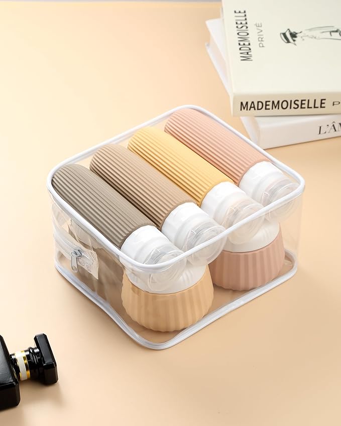 Travel Bottles 8 Pack, TSA Approved 3 oz Toiletries Containers, Leak Proof Silicone Squeezable Essentials Jars with Clear Bag