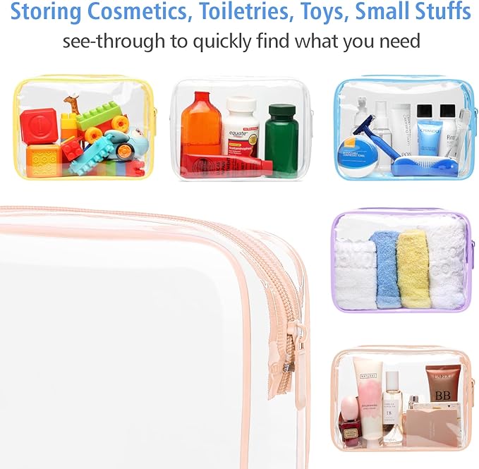 PACKISM Clear Toiletry Bag, 5 Pack TSA Approved Toiletry Bag Quart Size Bag, Travel Makeup Cosmetic Bag for Women Men, Carry on Airport Airline Compliant Bag, White, Yellow, Blue, Purple, Pink…
