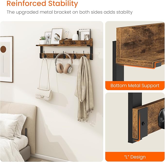 Homode Coat Rack with Shelf, Wall Shelf with Hooks, 26 Inch Long Coat Hanger Wall Mount with Key and Mail Holder, Wood Entryway Shelves for Hanging Hat Jacket Backpack Purse, Rustic Brown Black