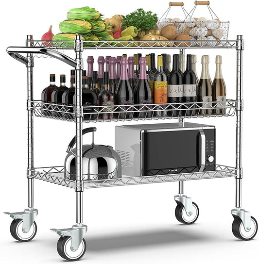 Leteuke 3 Tier Rolling Carts with Wheels, Heavy Duty Rolling Utility Cart,NSF Commercial Grade Metal Cart with Handle&Shelf Liner,Trolley Serving Cart for Kitchen,Restaurant,Plant Display,Chrome