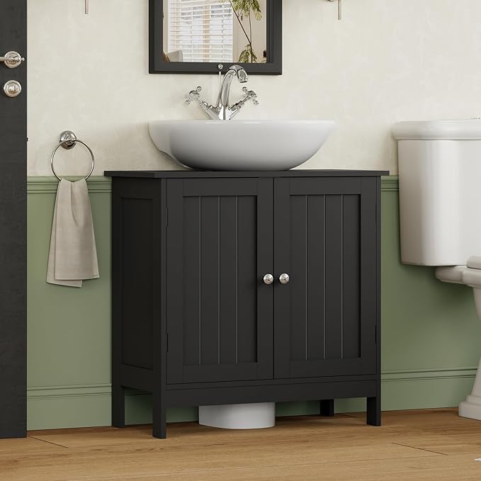 Iwell Pedestal Sink Storage Cabinet with 2 Doors and Shelf, Under Sink Cabinet, Bathroom Sink Cabinet with U-Shape, Black