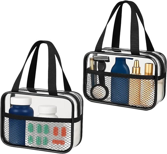 XEWEA 2PCS Small TSA Approved Clear Travel Toiletry Bags for Men Women,Transparent Makeup Cosmetic Bag with Handle,Waterproof PVC Quart Organizer Storage Pouch for Toiletries Airline Essential, Balck