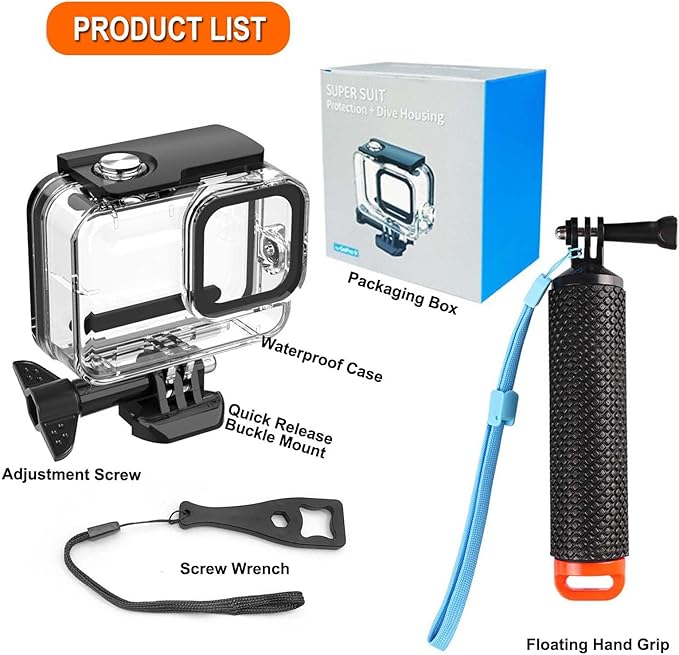 Compatible for Go Pro Hero 8 Black Waterproof Housing Case 60M/196FT Protective Underwater Diving Case Shell with Cameras Handle Mount Accessories Kit