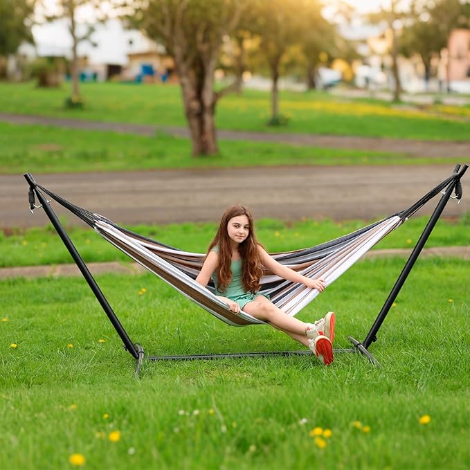 SZHLUX Double Hammock with Stand Included 450lb Capacity Steel Stand, Premium Carry Bag Included and Two Anti Roll Balance Beam, Portable Hammock with Stand for Backyard, Camping,Garden Brown Stripes