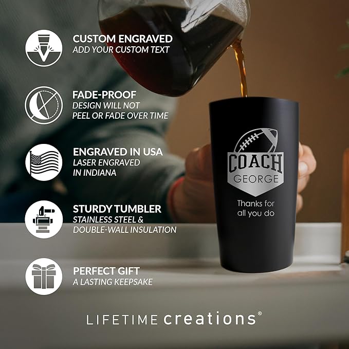 Lifetime Creations Personalized Football Coach Tumbler: Custom Football Coach Gift, Coaches Coffee Travel Mug from Team, Insulated Engraved Stainless Steel 20 Ounce Cup (Matte Black)